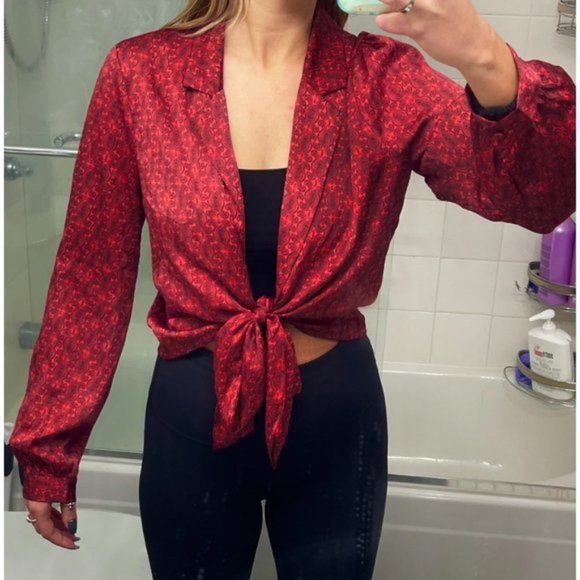 Urban Outfitters Satin Paisley Tie-Front Top, Size Medium, Red - Picture 7 of 12